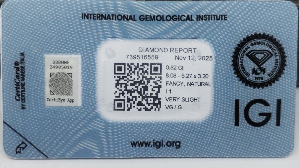 No reserve price - 1 pcs Diamond  (Natural coloured)  - 0.82 ct - Pear - Fancy Orangy, Brownish Yellow - I1 - International Gemological Institute (IGI) #2.1