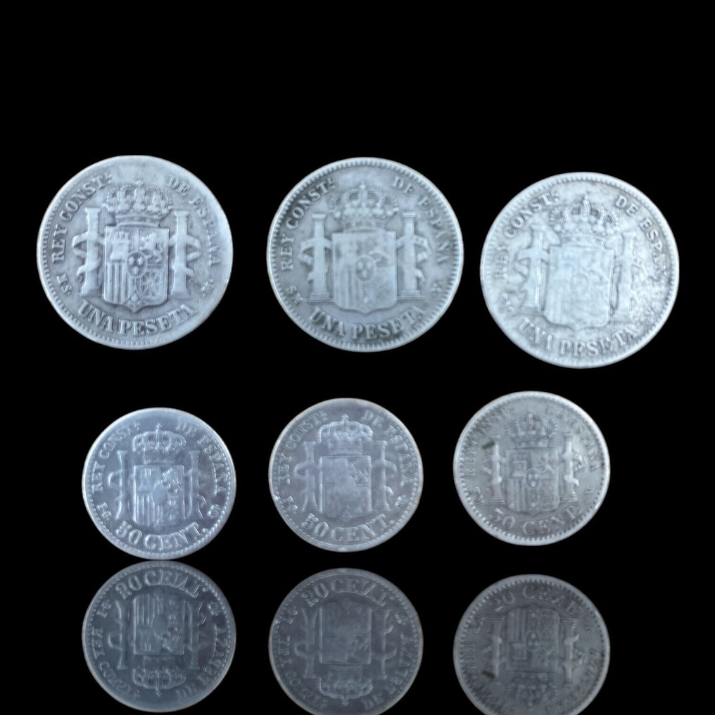 Ισπανία. Lote com 6 Moedas de Prata 3 x 1 Peseta (1885, 1901, 1902) + 3 x 50 Centimos (1892(2) 1904) 1885-1904 (χωρίς τιμή ασφαλείας) #1.0
