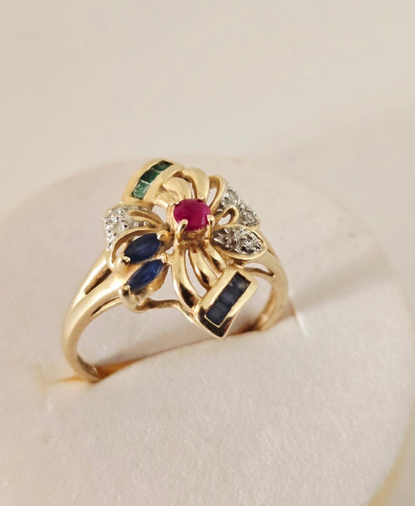 Βραδινό δαχτυλίδι - 14 καράτια Κίτρινο χρυσό - Διαμάντια-ρουβίνοι-μαραγδίες #3.2