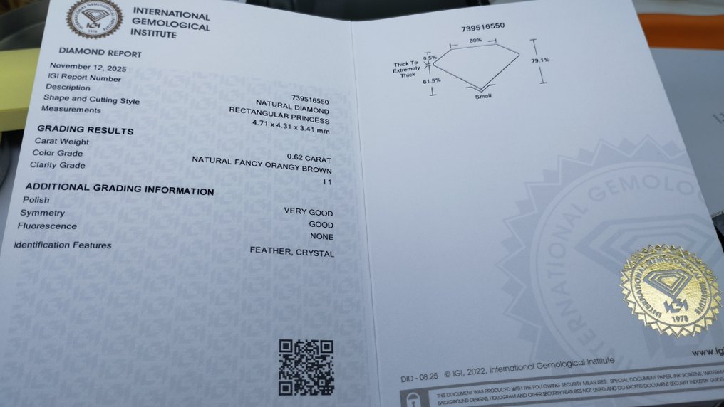 没有保留价 - 1 pcs 钻石  (天然)  - 0.62 ct - 方形 - I1 内含一级 - 国际宝石研究院（IGI） - 华丽的橙色棕色 #1.0