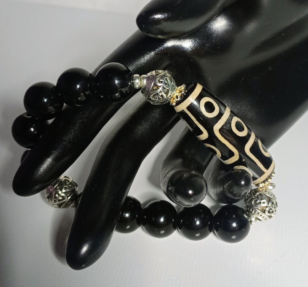 精致的Agatha DZI 西藏玛瑙9眼 100% 天然力量与保护，黑玛瑙与925纯银 - 手镯 - Agatha Tibetana #1.0