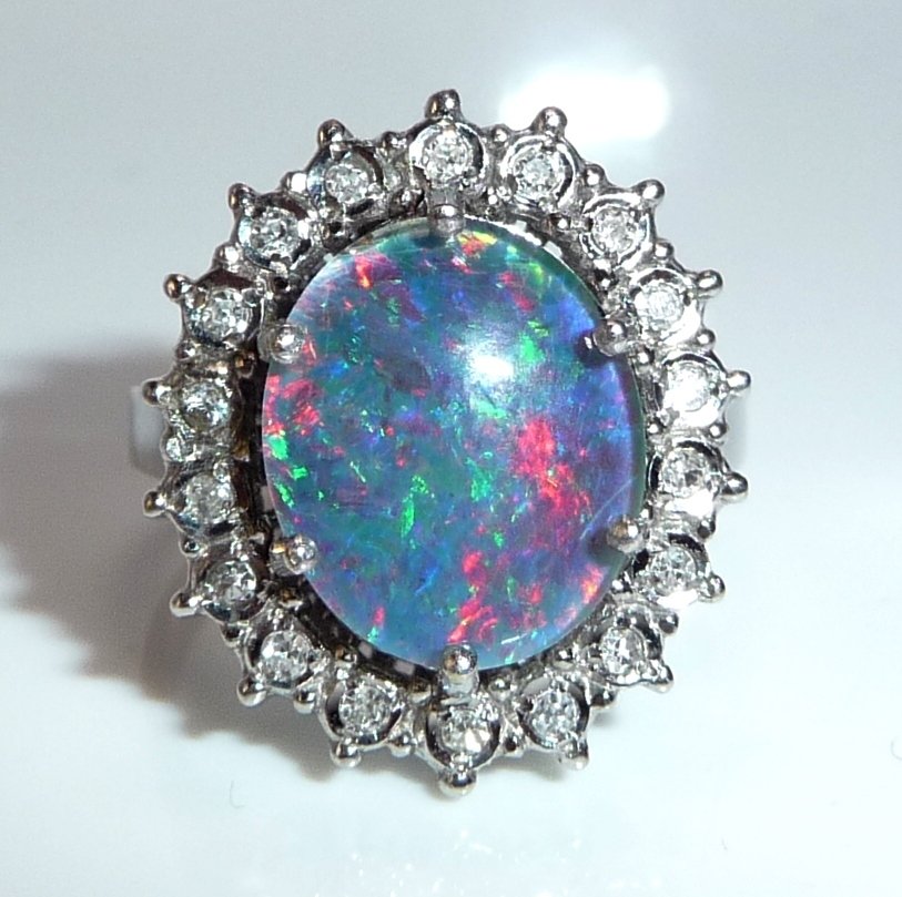 戒指 - 14 克拉 白金 -  4.20ct. tw. 鉆石 (天然)  - 蛋白石 - 尺寸53可更改 #4.3