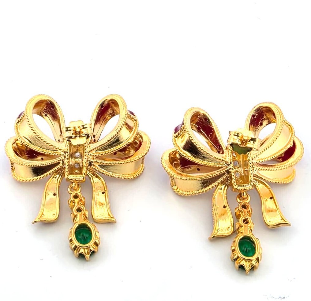 Nincs minimálár - Drop fülbevaló - 9 Kt Sárga arany, Ezüst Smaragd - Gyémánt #4.3