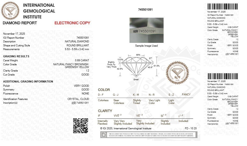 1 pcs Gyémánt  (Természetes színű)  - 0.69 ct - Kerek - Fancy Barnás, Zöldes Sárga - I2 - Nemzetközi Gemmológiai Intézet (IGI) #2.1