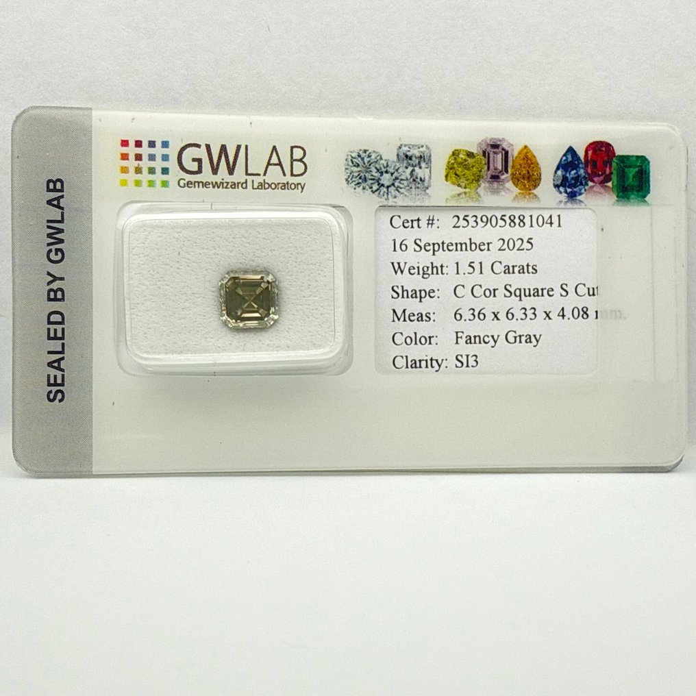 Senza prezzo di riserva - 1 pcs Diamante (Colorato naturale) - 1.51 ct - Quadrato - Fancy Grigio - SI3 - Gemewizard Gemological Laboratory (GWLab) #4.3