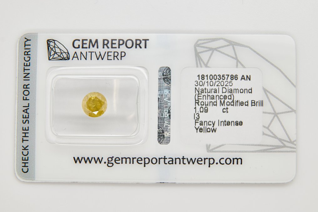 χωρίς τιμή ασφαλείας - 1 pcs Διαμάντι (Επεξεργασμένου χρώματος) - 1.09 ct - Στρογγυλό - I3 - Gem Report Antwerp (GRA) #1.0