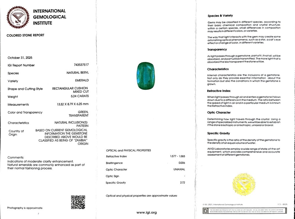 Smaragd - 5.24 ct - International Gemological Institute (IGI) #2.1