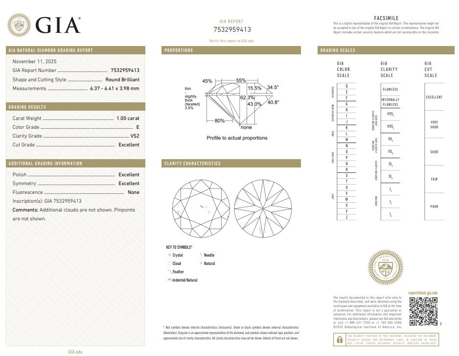1 pcs 钻石  (天然)  - 1.00 ct - 圆形 - E - VS2 轻微内含二级 - 美国宝石研究院（GIA） #3.2