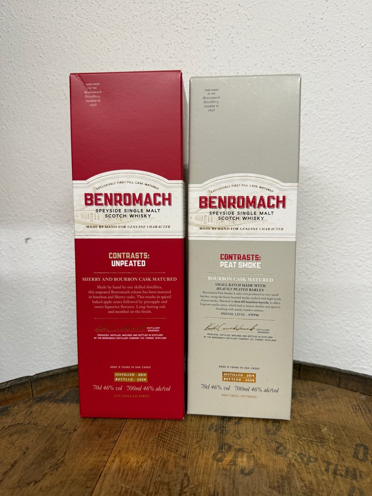 Benromach 2014 9 years old - Contrasts - Unpeated & Peat Smoke - b. 2024 - 70 cl - 2 flasker #1.0