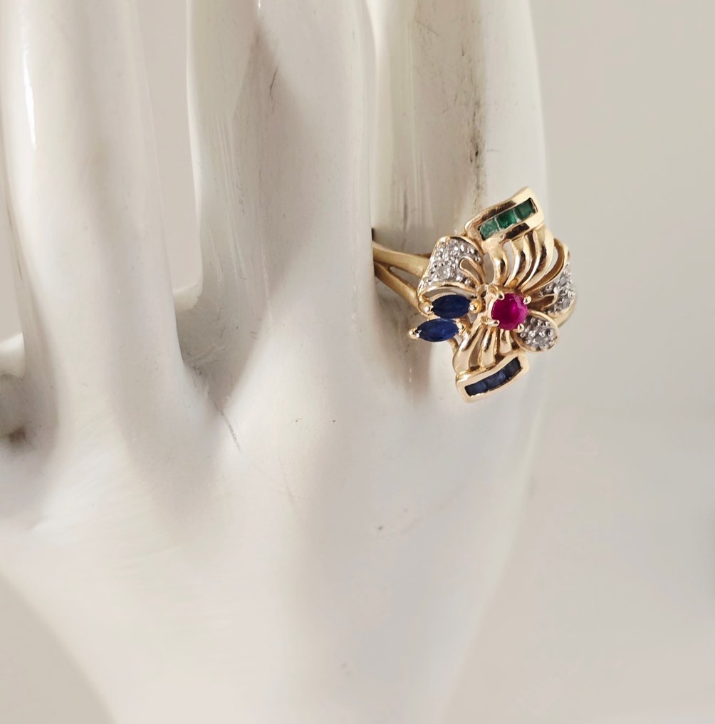 Βραδινό δαχτυλίδι - 14 καράτια Κίτρινο χρυσό - Διαμάντια-ρουβίνοι-μαραγδίες #1.0