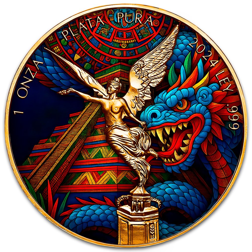 Μεξικό. 1 Onza 2024 1 oz Mexican Libertad Aztec Pyramid Dragon Colorized Silver Coin #1.0