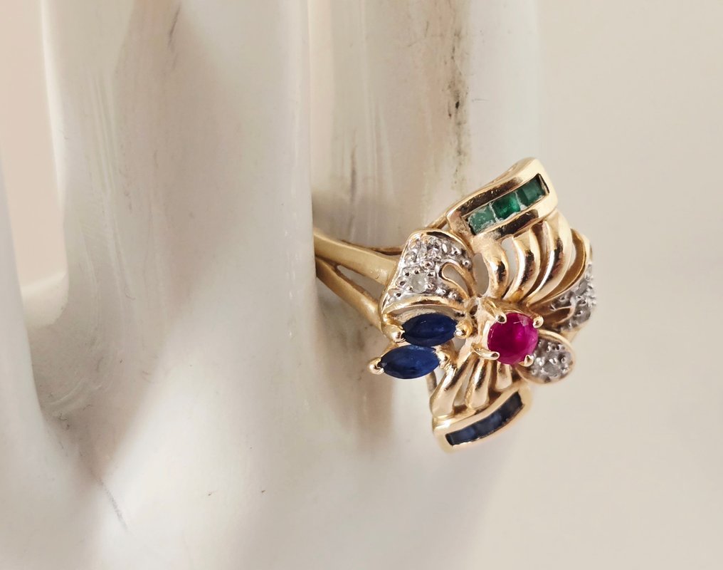 Βραδινό δαχτυλίδι - 14 καράτια Κίτρινο χρυσό - Διαμάντια-ρουβίνοι-μαραγδίες #4.3