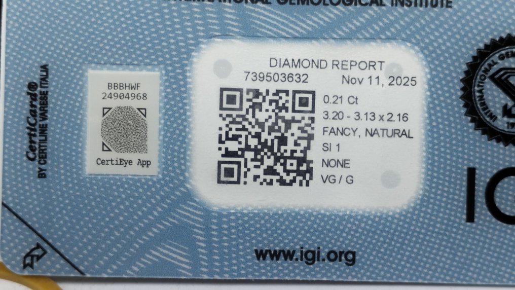 没有保留价 - 1 pcs 钻石  (天然色彩的)  - 0.21 ct - 切角正方形 - Fancy 黄色 - SI1 微内含一级 - 国际宝石研究院（IGI） - 华丽的黄色 #2.1