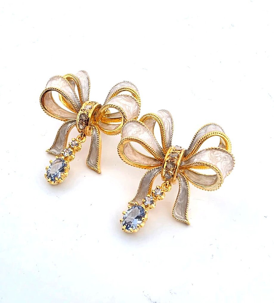 Zonder minimumprijs - Oorbellen - 9 kt. Geel goud, Zilver Topaas - Diamant #2.1