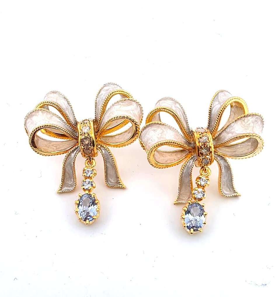 Zonder minimumprijs - Oorbellen - 9 kt. Geel goud, Zilver Topaas - Diamant #1.0