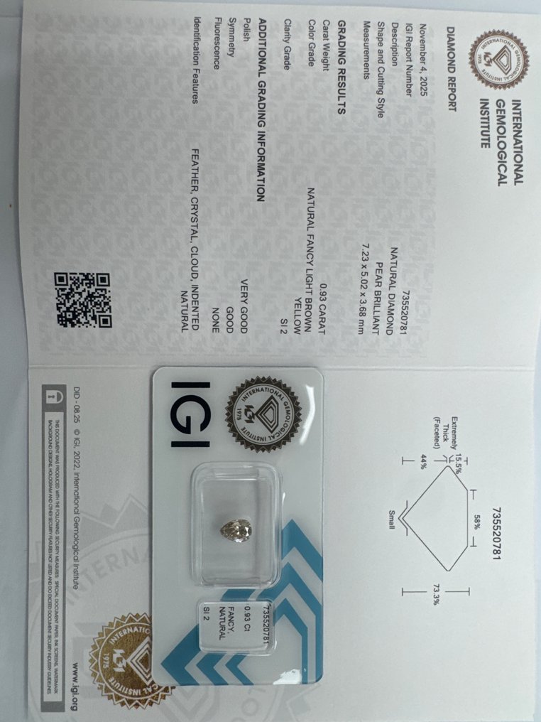 没有保留价 - 1 pcs 钻石  (天然色彩的)  - 0.93 ct - 梨形 - Fancy light 棕色, 黄色 - SI2 微内含二级 - 国际宝石研究院（IGI） #1.0