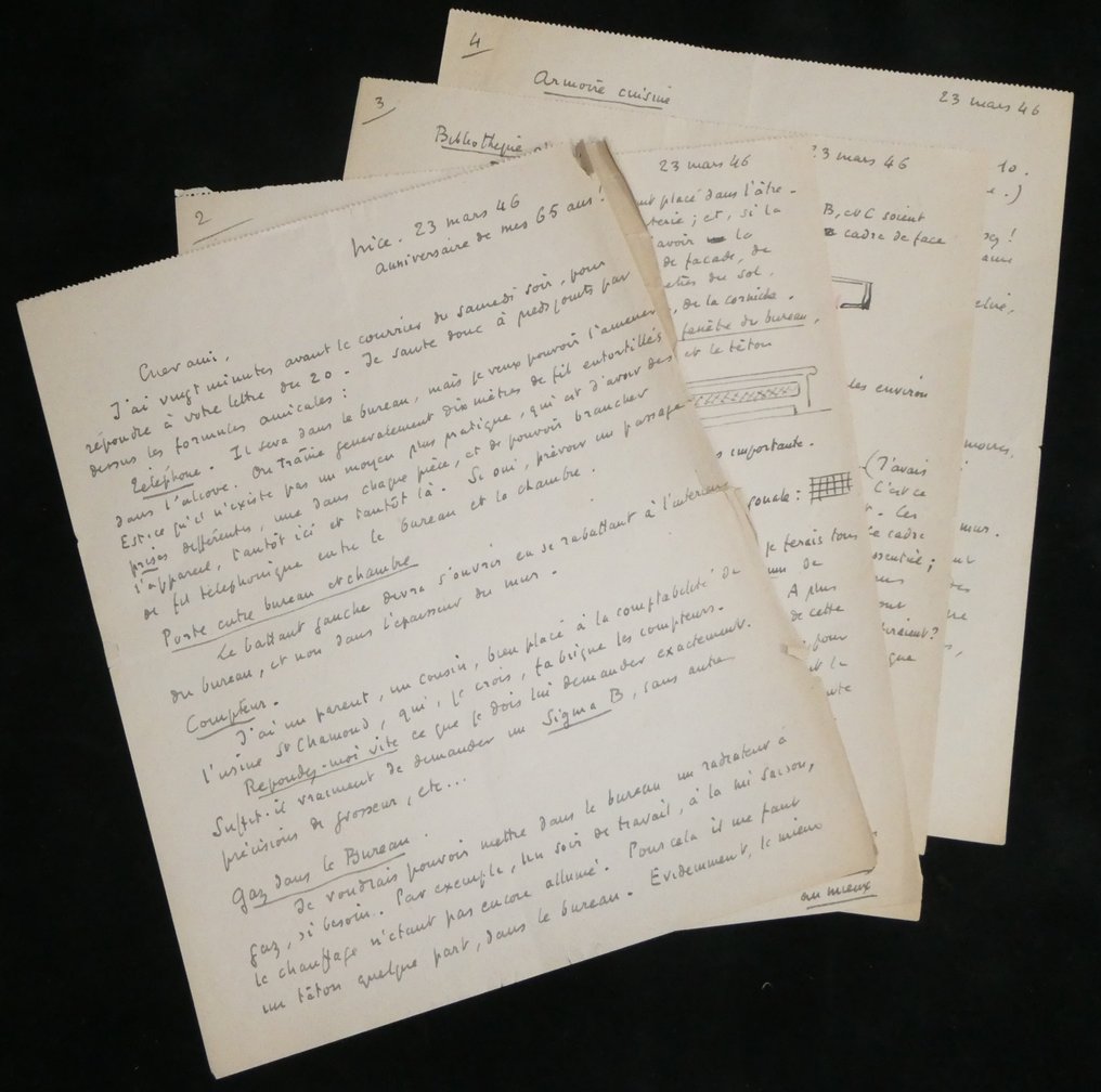 Roger Martin du Gard - « Anniversaire de mes 65 ans ! » - Lettre autographe signée avec croquis - 4 pages - 1946 #1.0