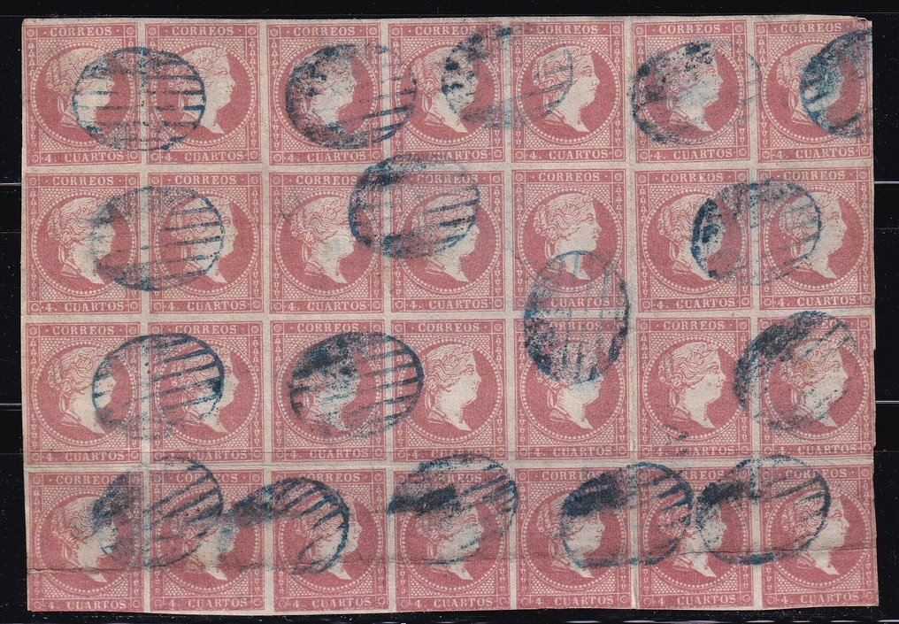 Ισπανία 1855 - Ιζαμπέλ II - Edifil 48 - 4 Κουαρτόν Ροζ - Μπλοκ 28 - Μασατέλο μπλε σχάρας #1.0