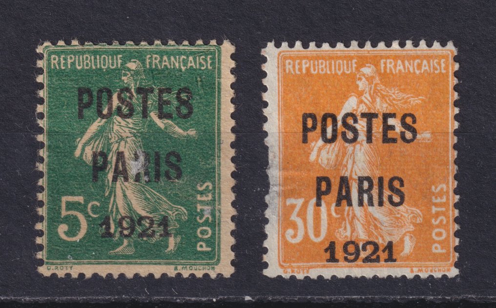 Franța 1921 - Preoblitéré „Poste Paris 1921”, nr. 26 și nr. 29 utilizate, semnate Calves. - Yvert #1.0