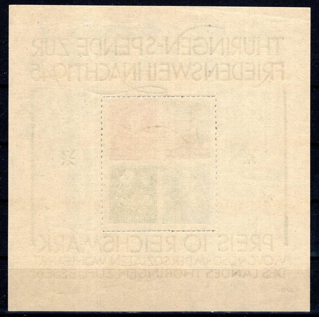 Allied Occupation - Germany (Soviet zone) 1945 - Thuringia Christmas block welfare stamped with an attestation. - Michel Block 2 x #1.0
