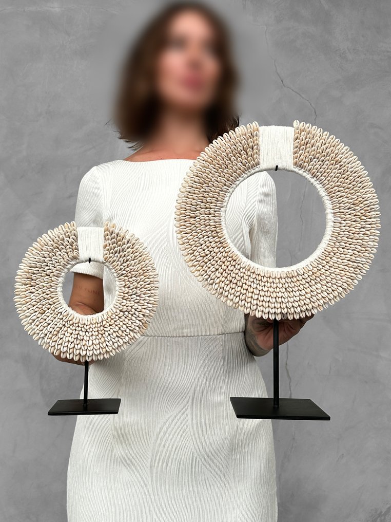 装饰饰品 (2) - NO RESERVE PRICE - Stunning Pair of  White Coloured Tolai necklaces on custom stands - 巴布亚新几内亚 #1.0