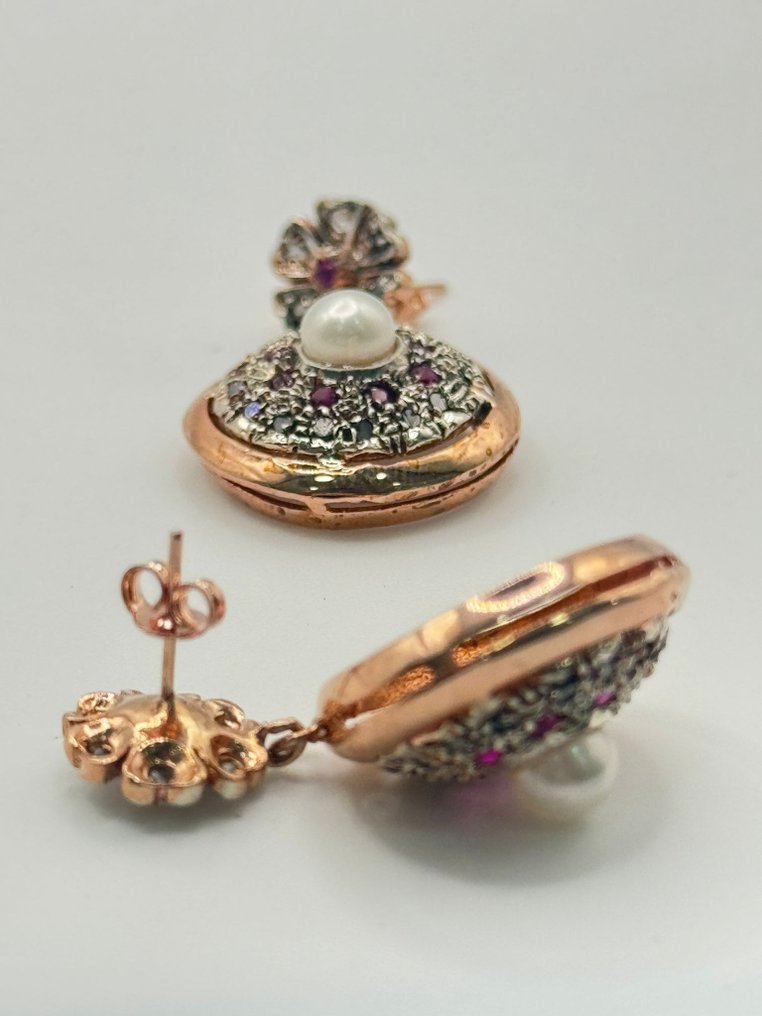 No reserve price - Earrings - 9 kt. Silver, Rose gold Ruby - Diamond #2.1