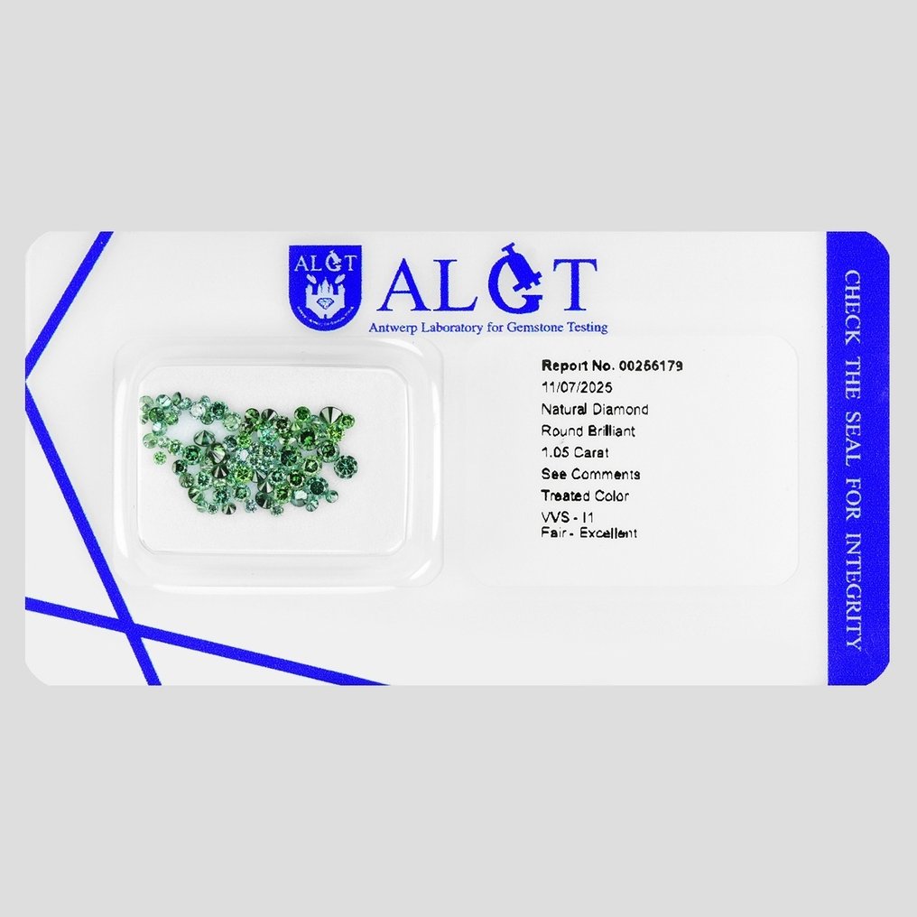 75 pcs 钻石  (经彩色处理)  - 1.05 ct - 圆形 - Fancy deep, Fancy intense 稍帶黄色的, 稍帶蓝色的 绿色 - I1 内含一级, VVS1 极轻微内含一级 - 安特卫普宝石检测实验室（ALGT） #2.1
