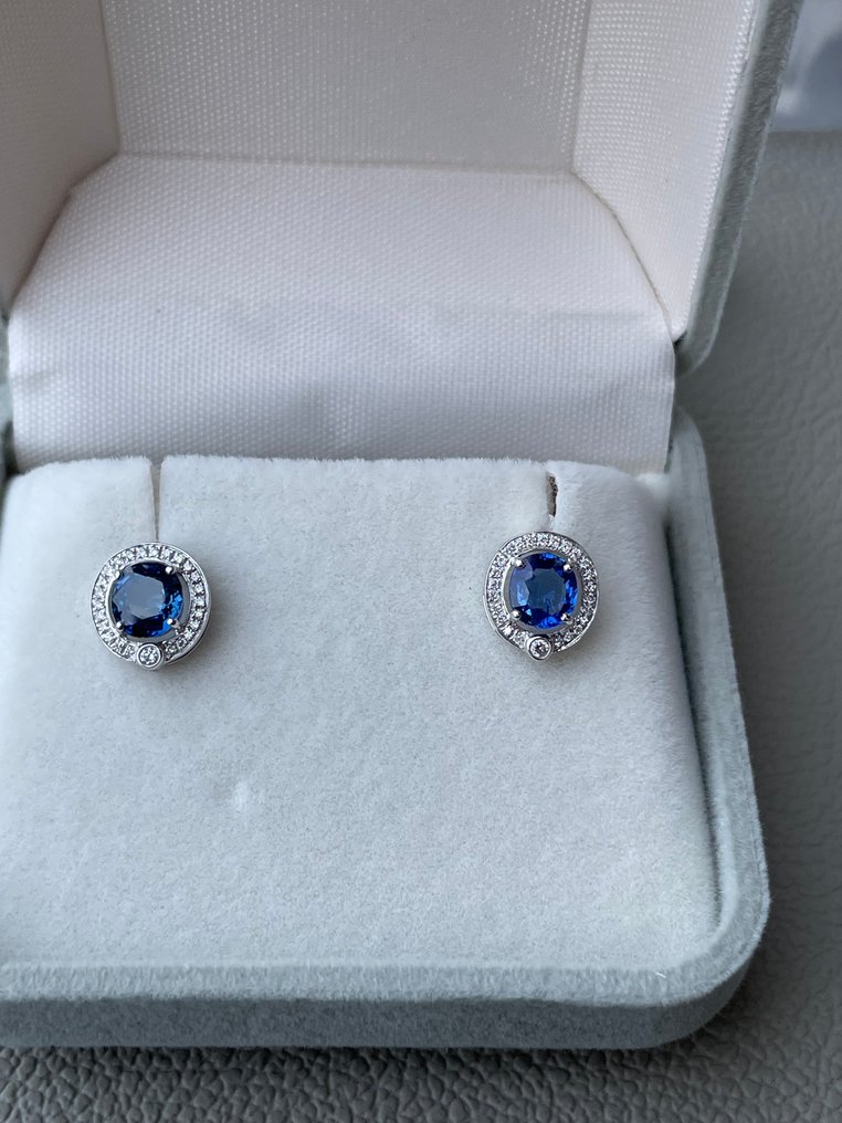 耳环 - 18K包金 白金 蓝宝石 - 钻石 #1.0