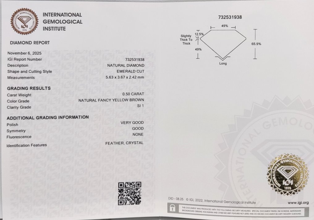 Nincs minimálár - 1 pcs Gyémánt (Természetes színű) - 0.50 ct - Smaragd - Fancy Sárga Barna - SI1 - Nemzetközi Gemmológiai Intézet (IGI) #4.3