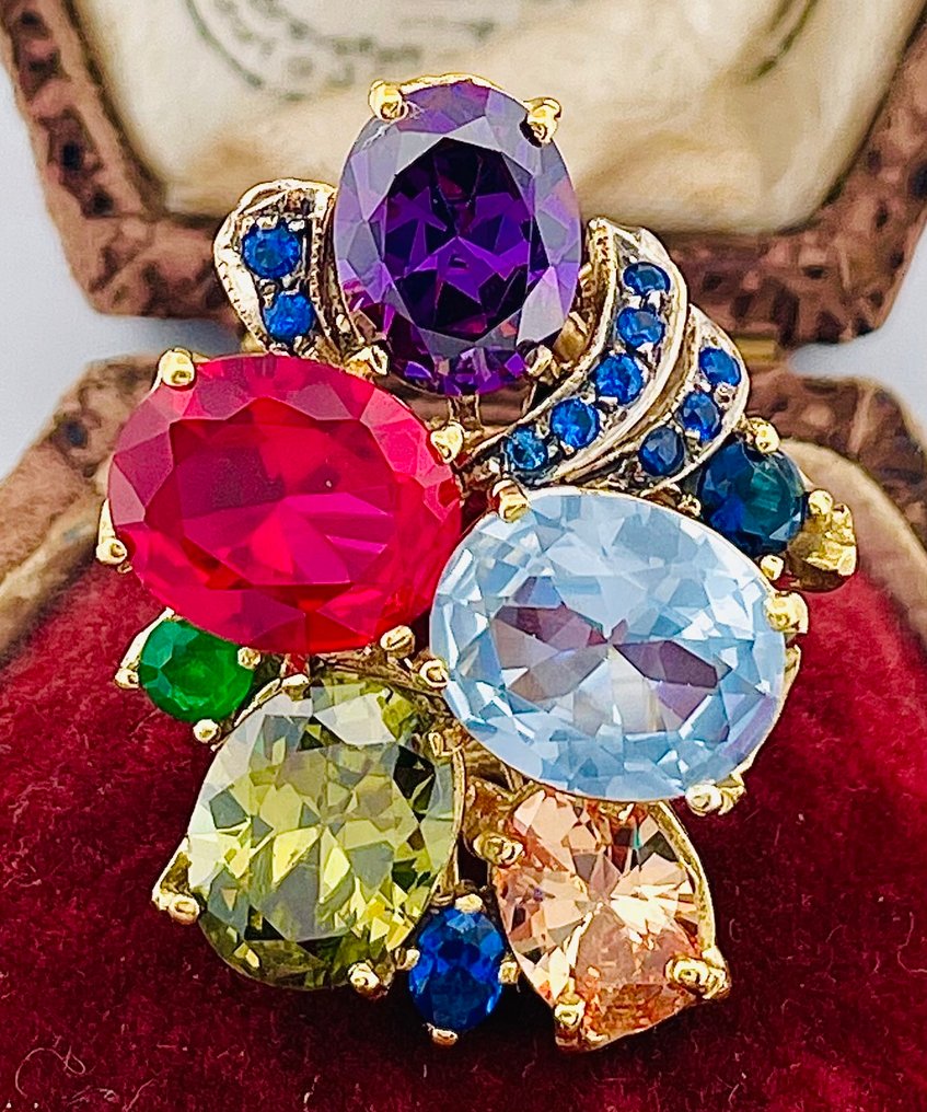 Nincs minimálár - Gyűrű - 9 Kt Sárga arany, Ezüst Zafír - Vegyes drágakövek #1.0