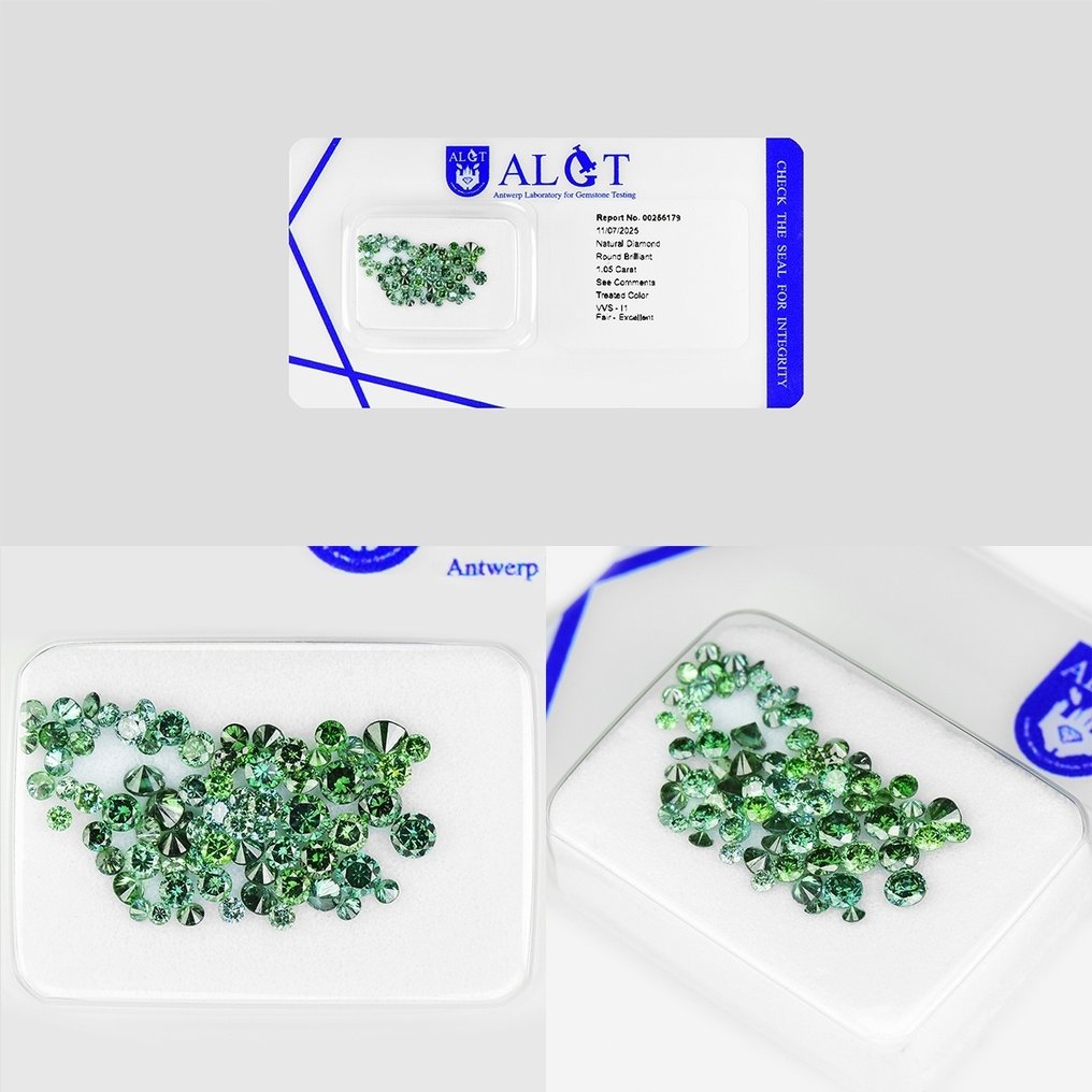 75 pcs 钻石  (经彩色处理)  - 1.05 ct - 圆形 - Fancy deep, Fancy intense 稍帶黄色的, 稍帶蓝色的 绿色 - I1 内含一级, VVS1 极轻微内含一级 - 安特卫普宝石检测实验室（ALGT） #3.2