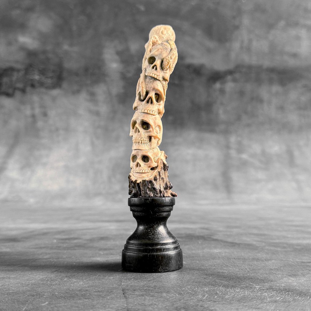 Schnitzerei, NO RESERVE PRICE -Human Skulls & Octopus  carving from a deer antler on a custom stand - 20 cm - Hirschgeweih - 2025 #1.0
