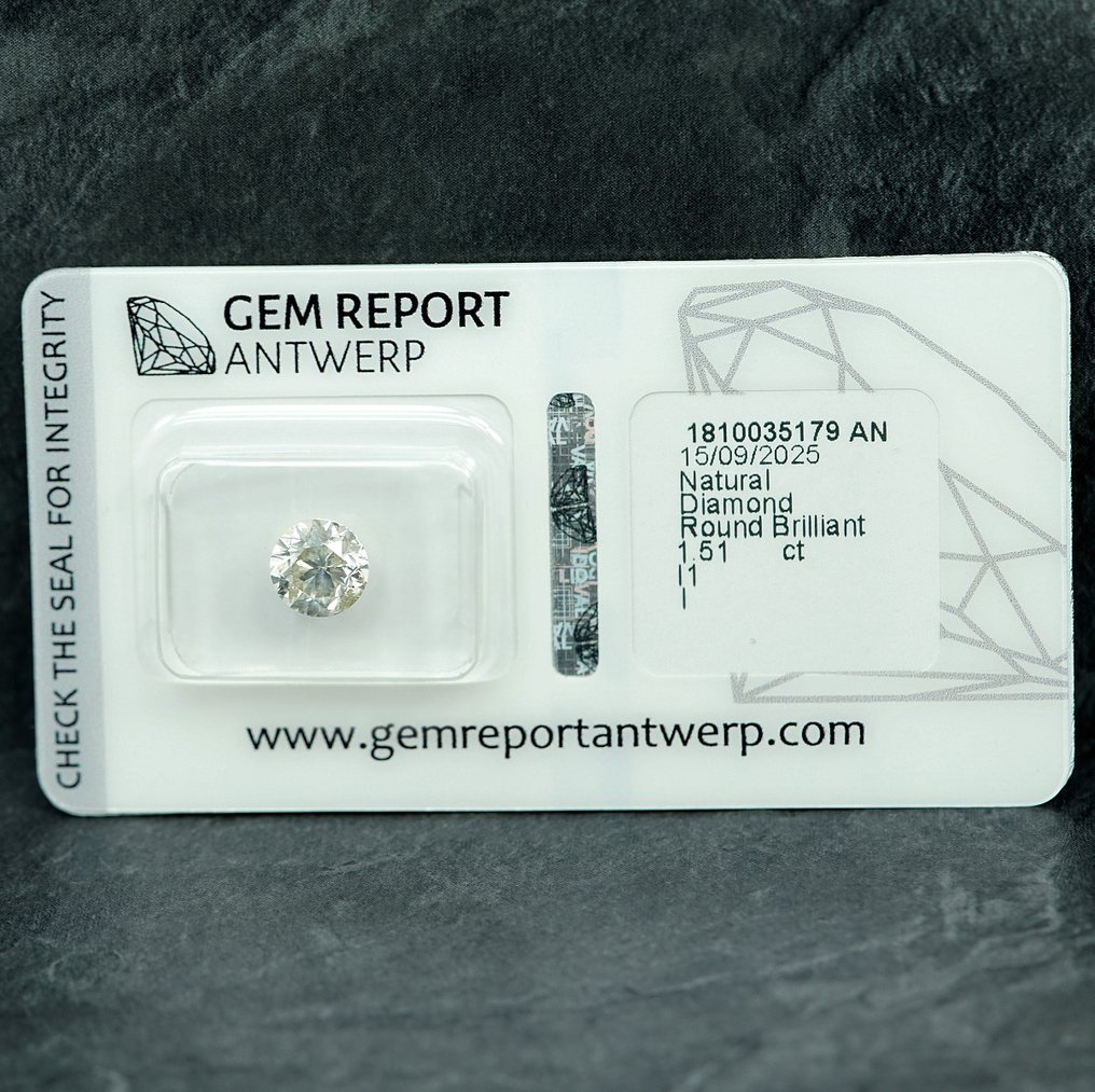 1 pcs Timantti  (Luonnollinen)  - 1.51 ct - Pyöreä - I - I1 - Jalokivitodistus, Antwerpen (GRA) #1.0
