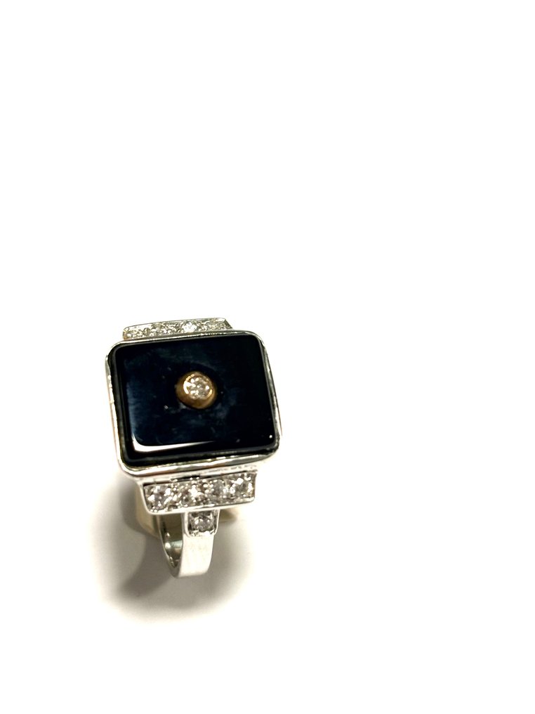 Anel - 14 K Ouro branco Ónix. - Diamante #1.0