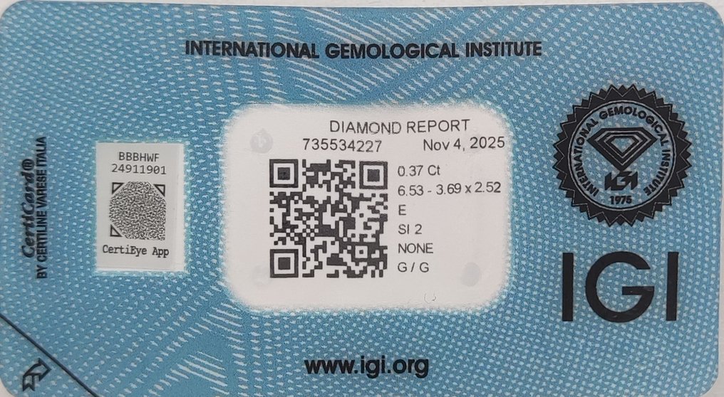 没有保留价 - 1 pcs 钻石 (天然) - 0.37 ct - 榄尖形 - E - SI2 微内含二级 - 国际宝石研究院(IGI) #2.1