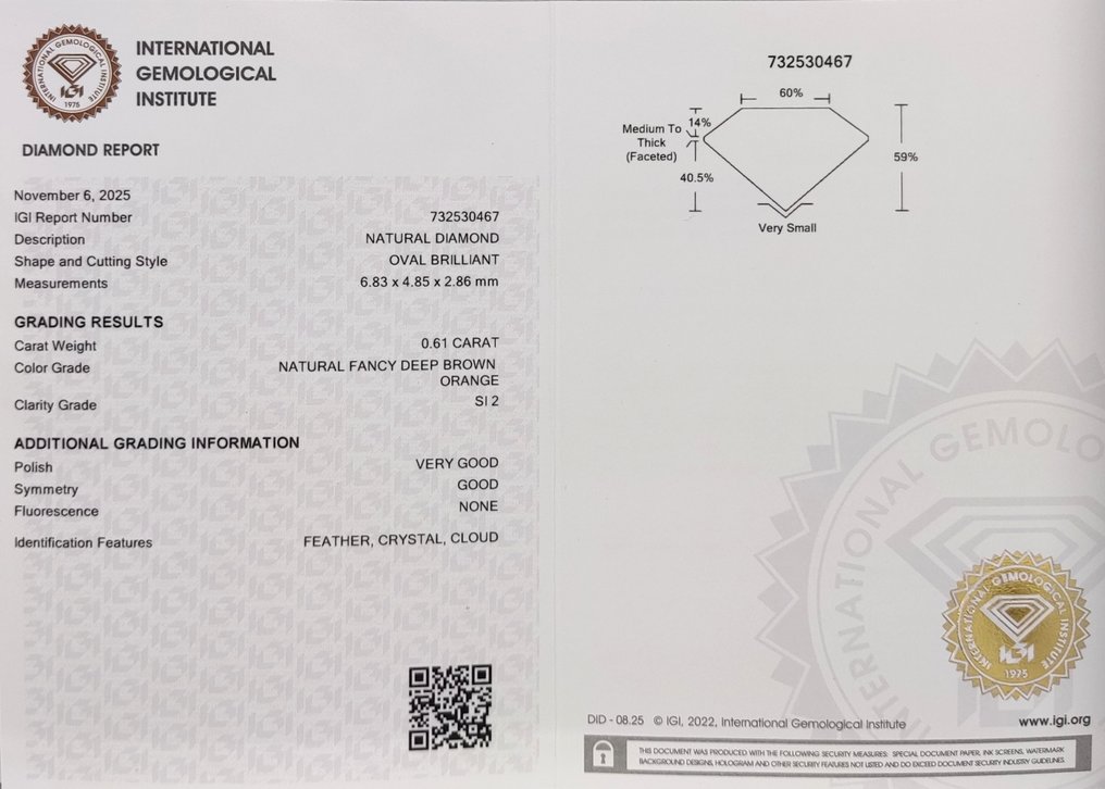 没有保留价 - 1 pcs 钻石  (天然色彩的)  - 0.61 ct - 椭圆形 - Fancy deep 棕色 橙色 - SI2 微内含二级 - 国际宝石研究院（IGI） #4.3