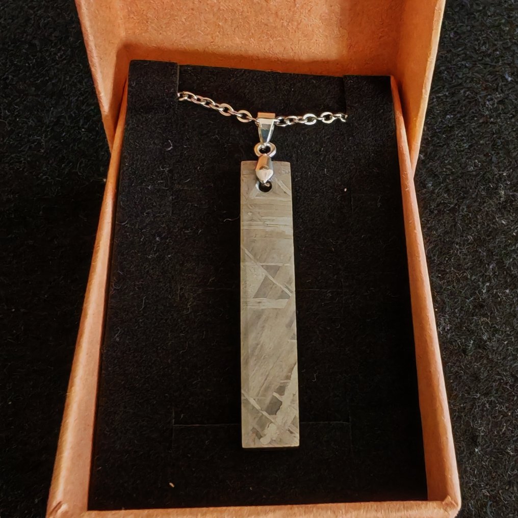 Meteorite slice pendant Muonionalusta with a silver bail and stainless steel chain. Iron meteorite - Height: 43 mm - Width: 8 mm - 6.67 g - (1) #1.0