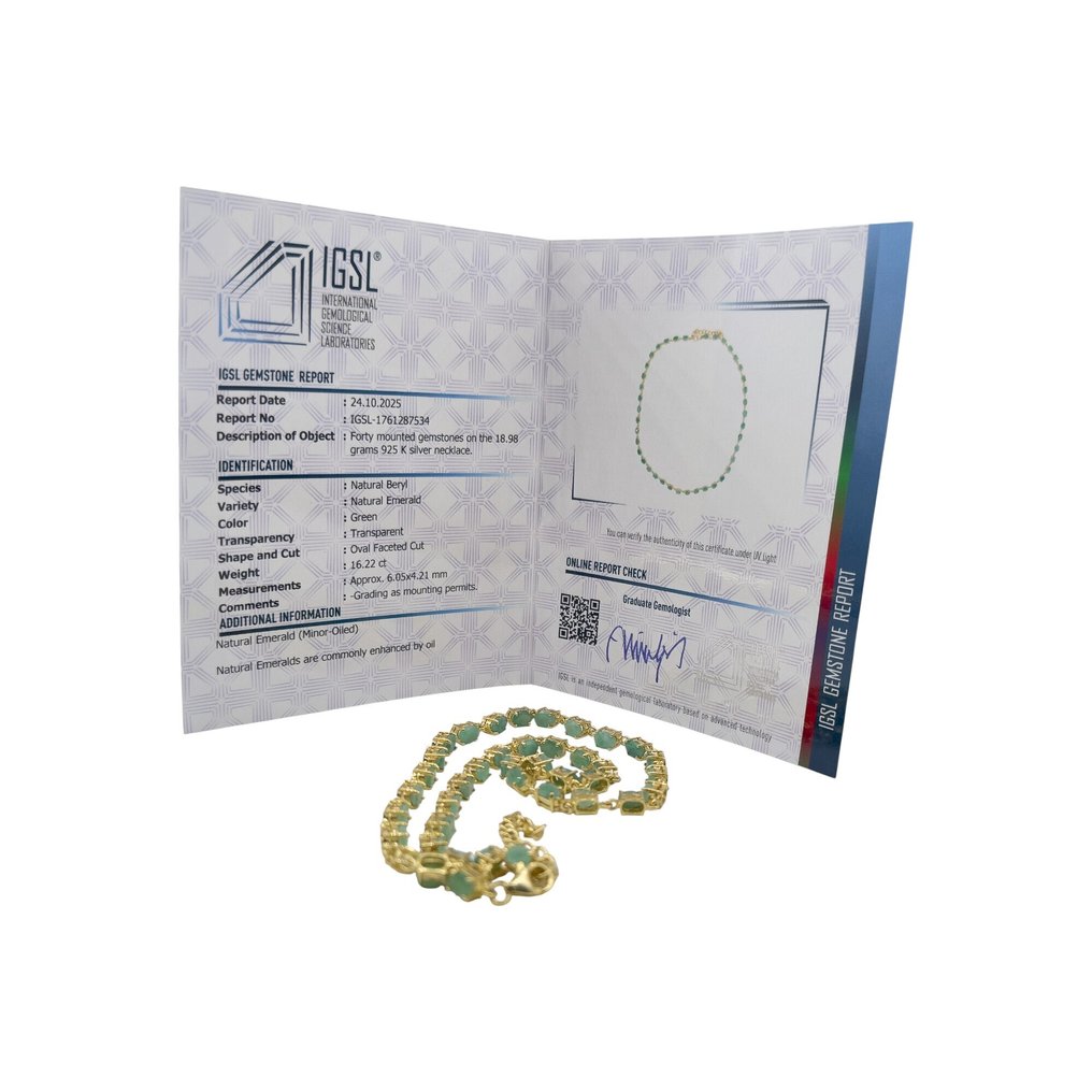 Fără preț de rezervă - Colier Argint -  16.22ct. tw. Smarald - Certificat #2.1