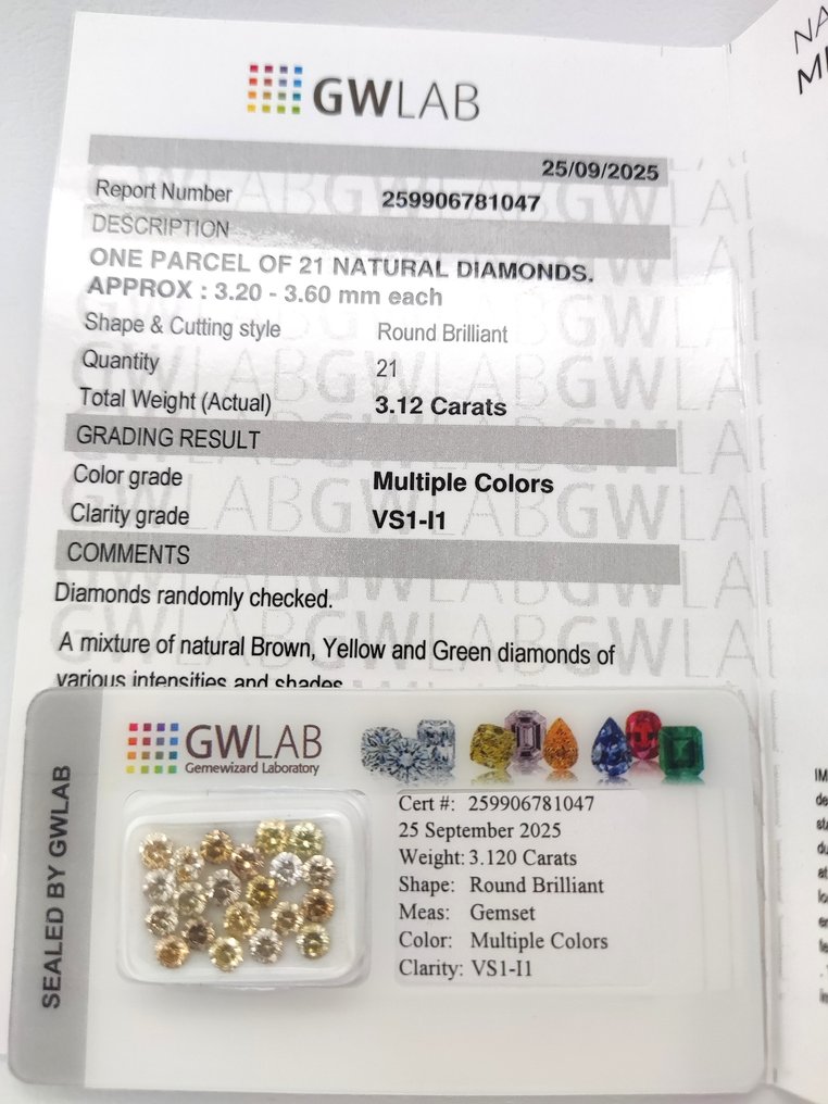 沒有保留價 - 21 pcs 鑽石 (天然彩色) - 3.12 ct - 圓形 混色 - I1, VS1 - Gemewizard Gemological Laboratory (GWLab) #1.0