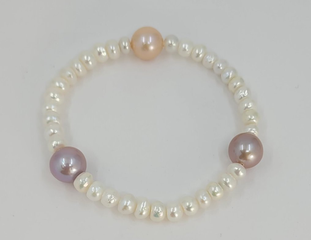 沒有保留價 - 手鈪 6x11mm 白色和粉色 Edison 珍珠 #1.0