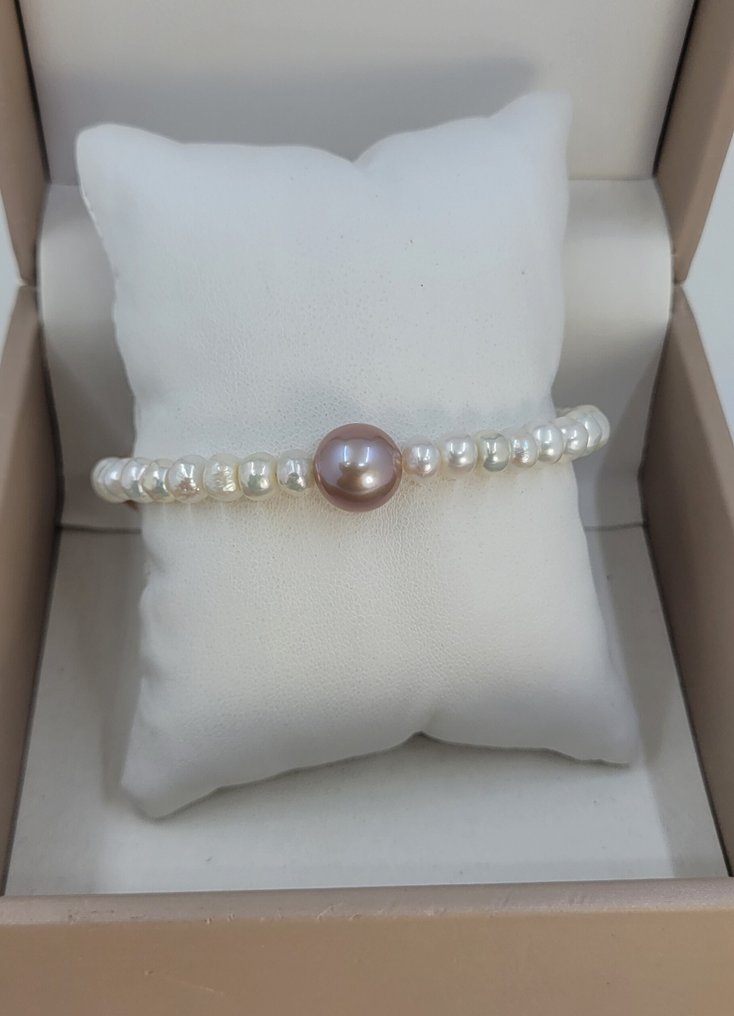 沒有保留價 - 手鈪 6x11mm 白色和粉色 Edison 珍珠 #1.0