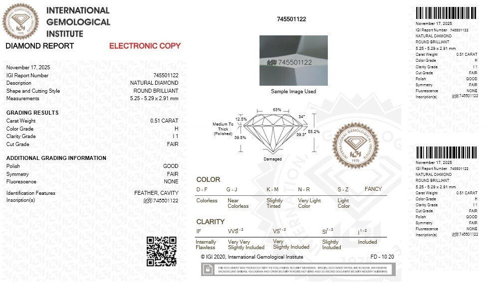 1 pcs 鑽石 (天然) - 0.51 ct - 圓形 - H(次於白色的有色鑽石) - I1 - 國際寶石學院(International Gemological Institute (IGI)) #2.1