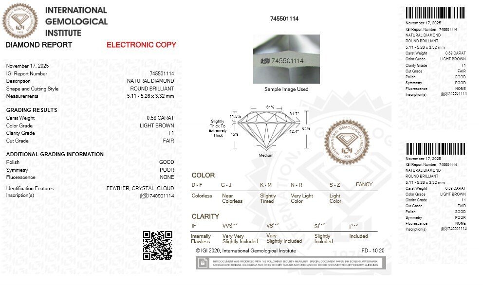 χωρίς τιμή ασφαλείας - 1 pcs Διαμάντι (Φυσικού χρώματος) - 0.58 ct - Στρογγυλό - Light Καφέ - I1 - International Gemological Institute (IGI) #2.1
