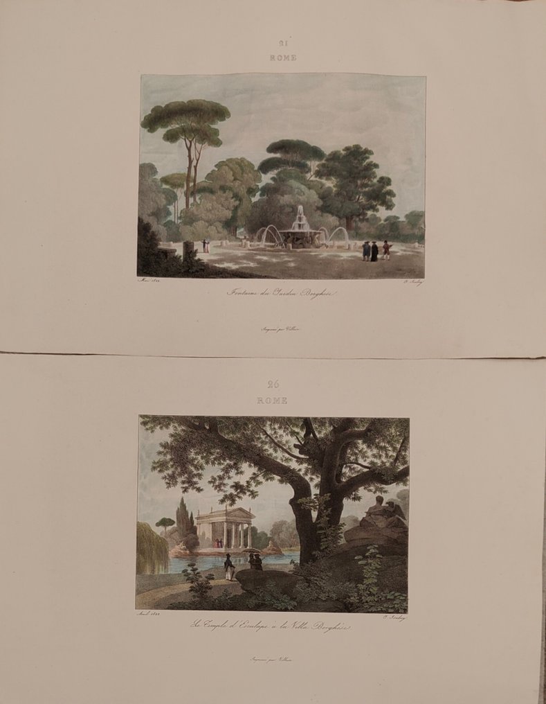 Italy - Rome; F. Villain / J. Isabey - Fontaine du Jardin Borghese / Le Temple d'Esculape à la Villa Borghèse - 1821-1850 #1.0