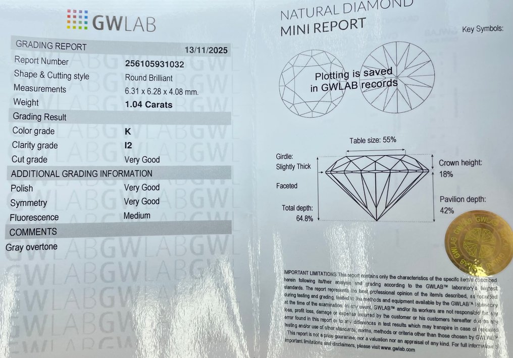 χωρίς τιμή ασφαλείας - 1 pcs Διαμάντι  (Φυσικό)  - 1.04 ct - Στρογγυλό - K - I2 - Gemewizard Gemological Laboratory (GWLab) #2.1
