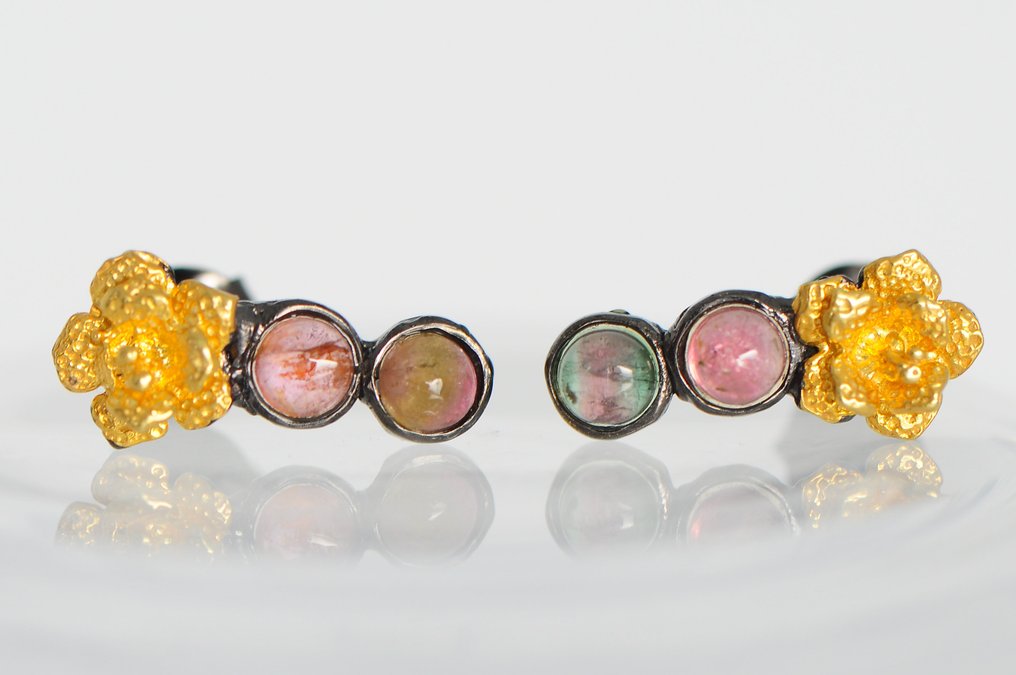 925 银 黑色镀铑 - 电气石 - 耳环 #2.1