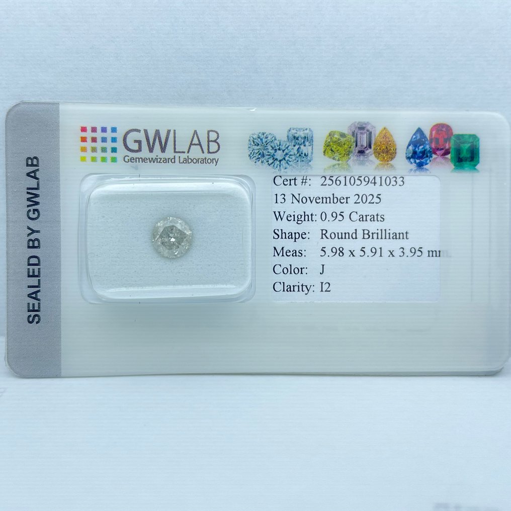 没有保留价 - 1 pcs 钻石  (天然)  - 0.95 ct - 圆形 - J - I2 内含二级 - Gemewizard宝石实验室（GWLab） #3.2