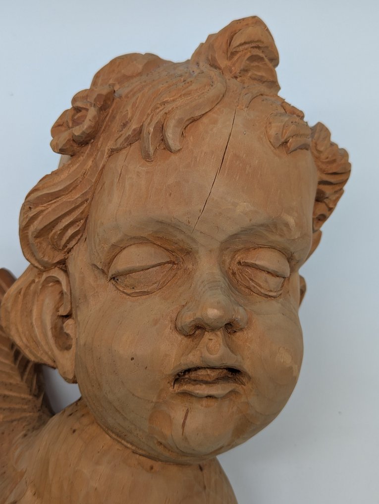 Figura - Handgeschnitzte Holzfigur eines Puttenengels - 30 cm - Fa #1.0