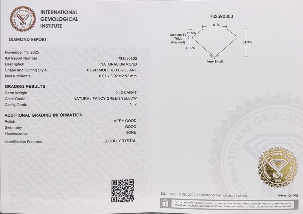 没有保留价 - 1 pcs 钻石 (天然色彩的) - 0.42 ct - 梨形 - Fancy 绿色 黄色 - SI2 微内含二级 - 国际宝石研究院(IGI) #4.3