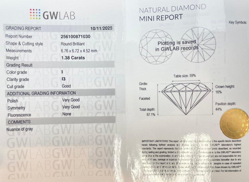 No Reserve Price - 1 pcs Diamond  (Natural)  - 1.38 ct - Round - I - I3 - Gemewizard Gemological Laboratory (GWLab) #2.1